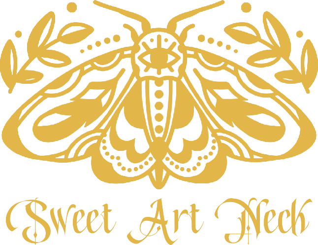 Sweet Art Neck logo: a golden moth between two laurel branches